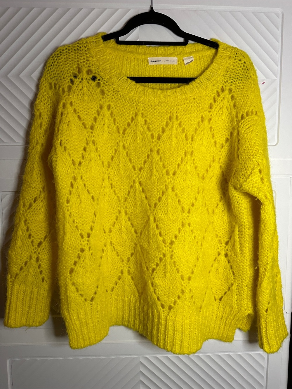 Anthropologie Yellow Open-Knit Diamond Crewneck Sweater